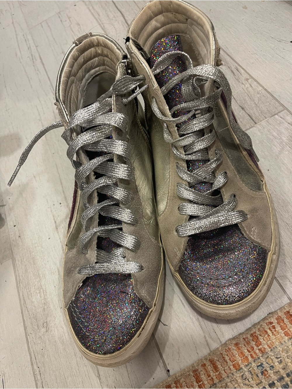 Golden Goose Silver and Glitter High-Top Sneakers